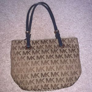 Tan MK Michael Kors bag with Dark Blue strap